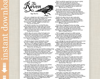 The Raven complete poem printable, Edgar Allan Poe, Halloween art, Halloween party decor, Goth Art