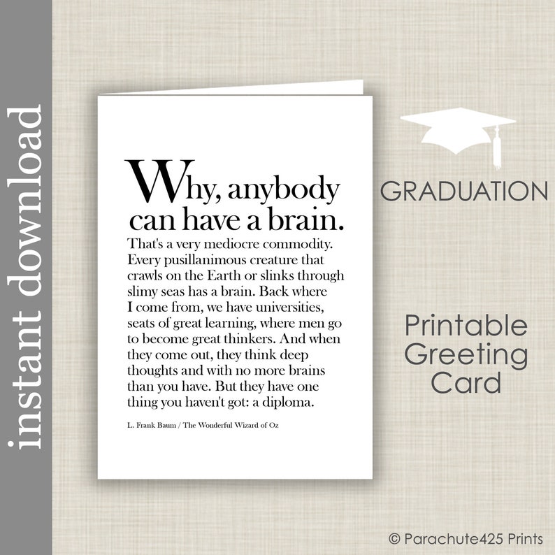 Funny Graduation Card Instant Download Wizard of Oz brain image 0