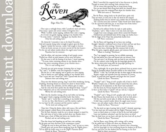 The Raven complete poem printable, Edgar Allan Poe, Halloween art, Halloween party decor, Goth Art