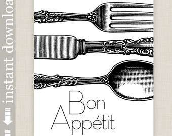 Bon Appetit, printable black and white kitchen or dining room wall art