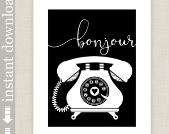 Bonjour Telephone Wall Art, printable vintage phone art for home or office decor
