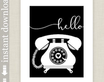 Hello Printable Telephone Wall Art, vintage phone art for home or office decor