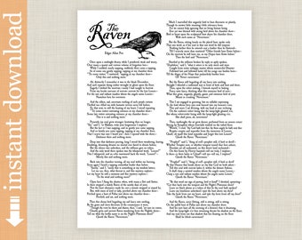 The Raven complete poem printable, Edgar Allan Poe, Halloween art, Halloween party decor, Goth Art