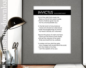 Invictus Printable Wall Art, William Ernest Henley, inspirational poem, master of my fate, captain of my soul