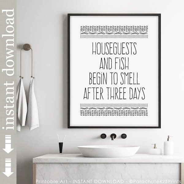 Printable Guest Room Wall Art, Houseguests and Fish, funny wall art for camper, vacation home, guest house, cabin decor, beach house