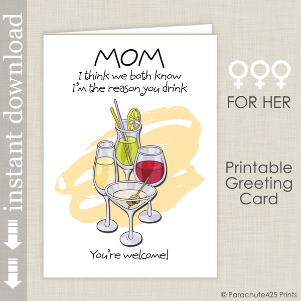 Funny Printable Card for Mom, Mother's Day Card, I'm The Reason You Drink, Mom Birthday printable