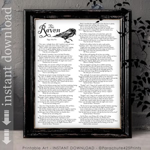 The Raven complete poem printable, Edgar Allan Poe, Halloween art, Halloween party decor, Goth Art