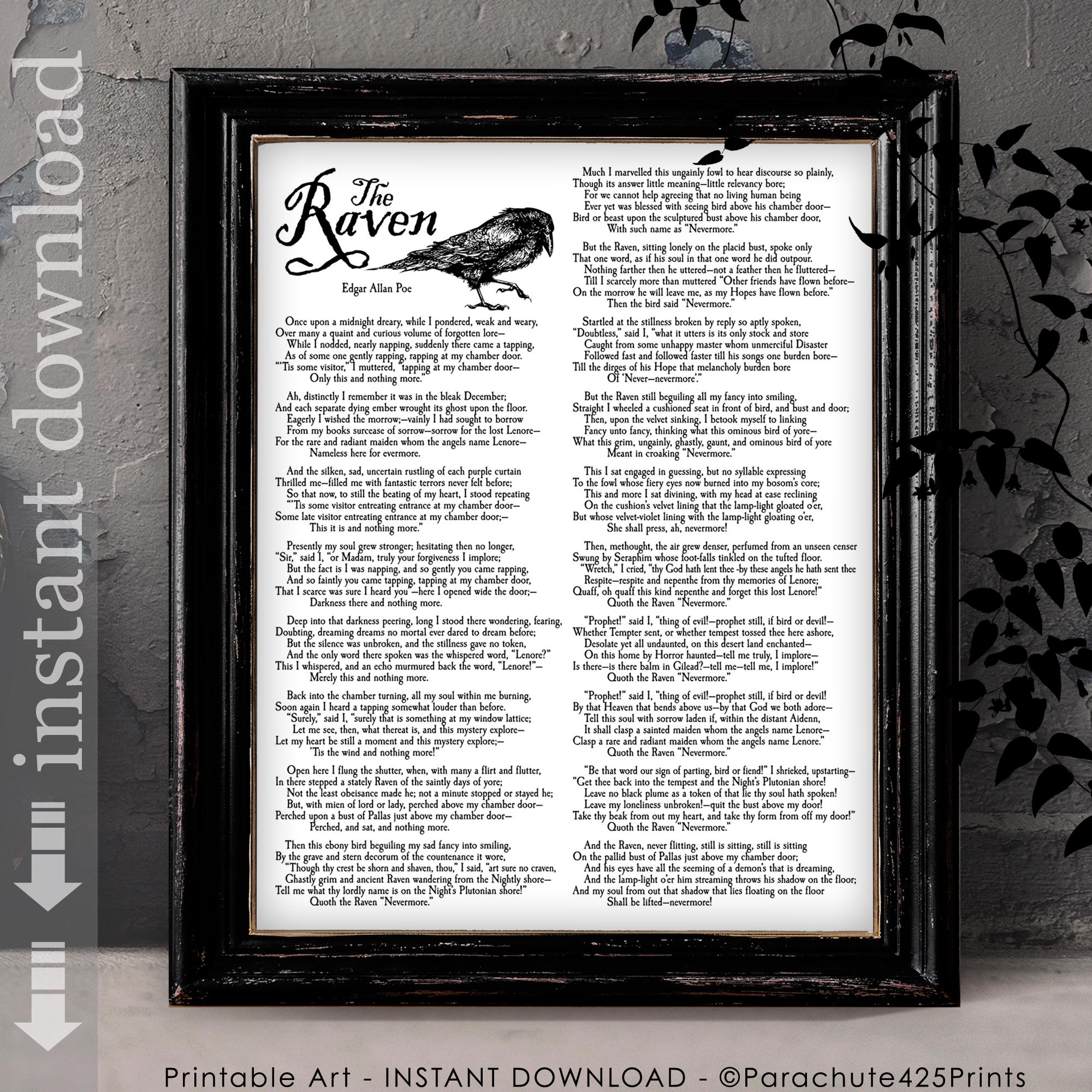 The Raven complete poem printable, Edgar Allan Poe, Halloween art, Halloween party decor, Goth Art