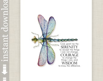 Serenity Prayer Printable Wall Art, dragonfly art, inspirational AA support gift