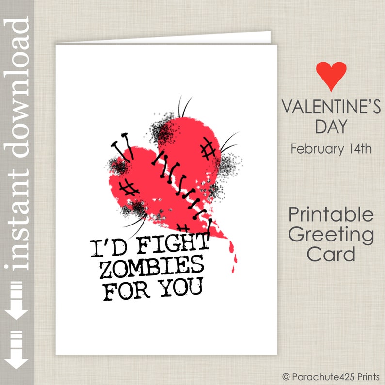 Funny Zombie Valentine Printable Card, Card for Friend, Anniversary Card image 5