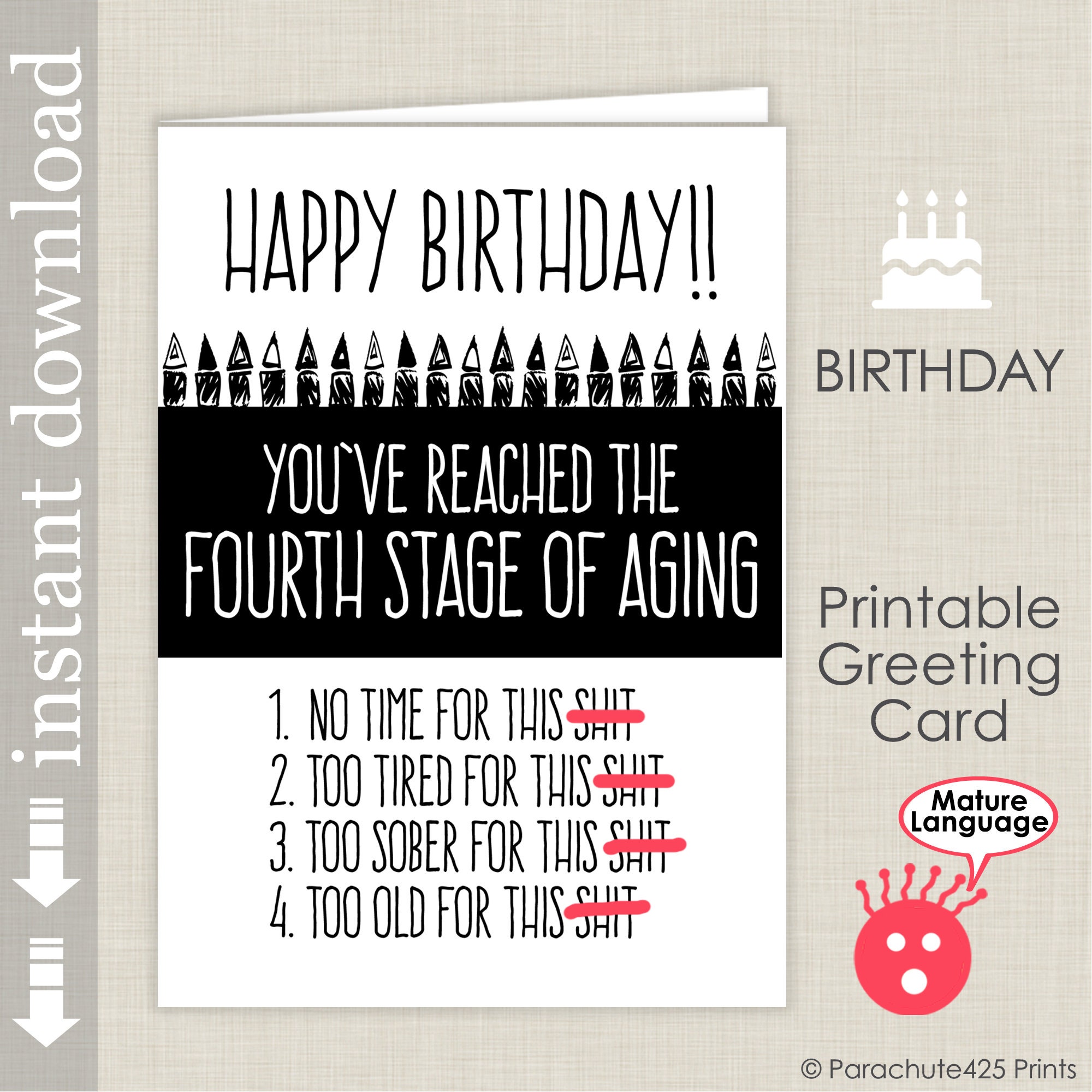 Printable Birthday, Mature Birthday Card, Funny Birthday Card, Friend ...