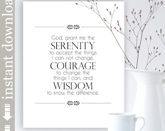 Serenity Prayer Printable, inspirational quote wall art, AA support