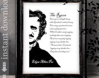 Edgar Allan Poe The Raven Printable, literary wall art for library or Halloween decor