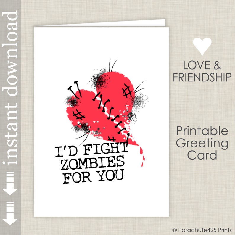 Funny Zombie Valentine Printable Card, Card for Friend, Anniversary Card image 1