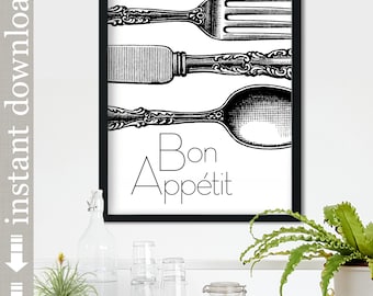 Bon Appetit, druckbare schwarz-weiße Wandkunst für Küche oder Esszimmer