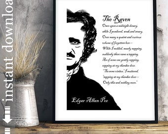 Edgar Allan Poe The Raven Printable, literarische Wandkunst für Bibliothek oder Halloween-Dekor