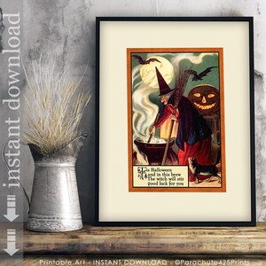 Vintage Halloween reproduction of Witch with Cauldron, Halloween art printable digital download