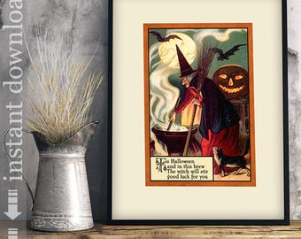 Vintage Halloween reproduction of Witch with Cauldron, Halloween art printable digital download