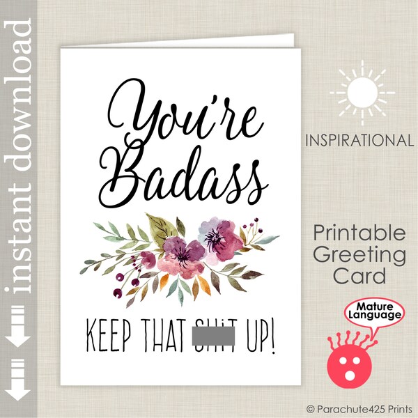 Badass Woman Printable Card, Female Boss's Day Card, Female Graduation Card, Female Birthday Card, Support Card