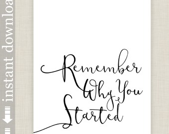 Remember Why You Started, Inspirational Printable Quote for office decore or dorm art