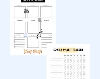 May include: A printable daily planner and habit tracker. The planner has a grid layout for each day of the week with motivational quotes. The habit tracker has a grid of circles for each day of the week.