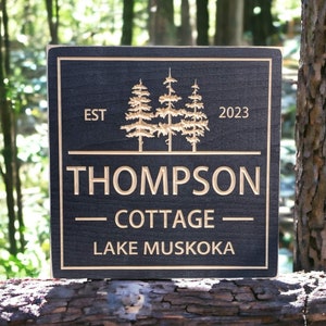 Square Personalized Cottage Sign with Pine Trees, driveway name plaque