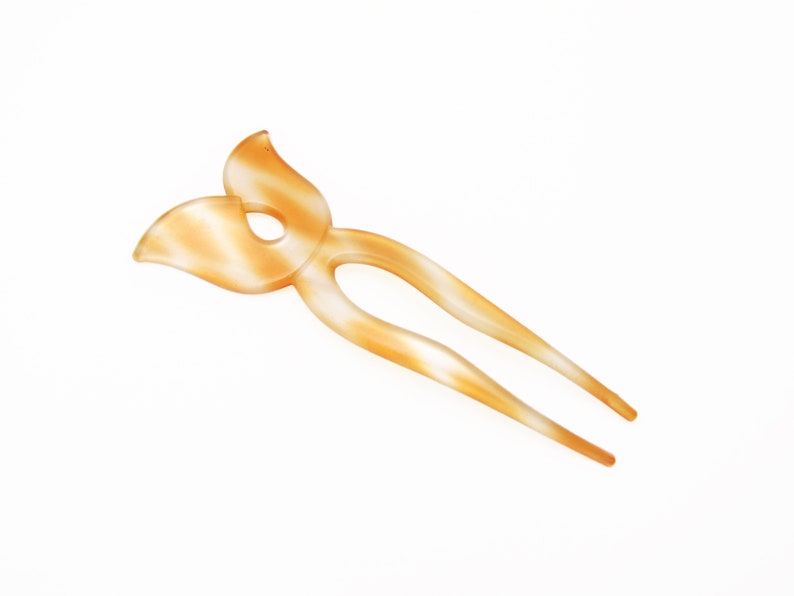 cutout tulip shape chignon pick made in France 80/'s vintage hair pick translucent orange plastic new-old-stock