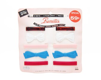 1950's TIP-TOP vintage hair clips, set of 10, tortoiseshell/white/pink/blue/red plastic barrettes, new-old-stock, pinch-wire clasp