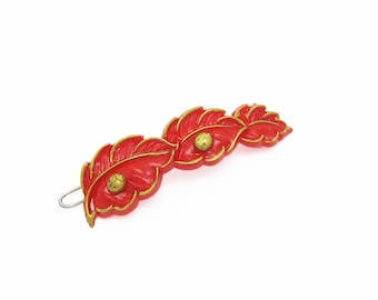1950's TIP-TOP vintage hair clip, red plastic leaves & LADYBUGS barrette w/ gold accents, new-old-stock, wire clasp, leaf barrette