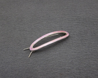 1930&#39;s vintage STERLING silver GUILLOCHE barrette, 1.9&quot; ROSE pink enamel oval hair clip, pinch-wire clasp