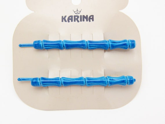 1980's KARINA vintage bobby pin PAIR, 2.3" azure … - image 3