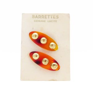 1970&#39;s vintage LUCITE hair clip pair, 1.7&quot; translucent TORTOISESHELL acrylic oval barrettes w brass stud accents, new-old-stock, wire clasp
