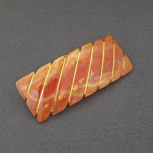 LARGE 1980&#39;s vintage barrette, 3.5&quot; MARBLED terracotta resin hair clip w/ gold PINSTRIPES, new-old-stock, automatic clasp