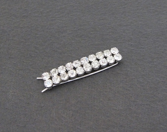 1950&#39;s JAY FLEX STERLING vintage barrette, 1.9&quot; sterling silver double-row rhinestone hair clip, rhodium-plated, pinch-wire clasp
