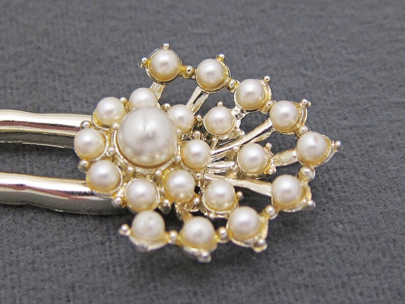 5 pale gold-plated plastic chignon pick 1960/'s vintage faux PEARL hair pick