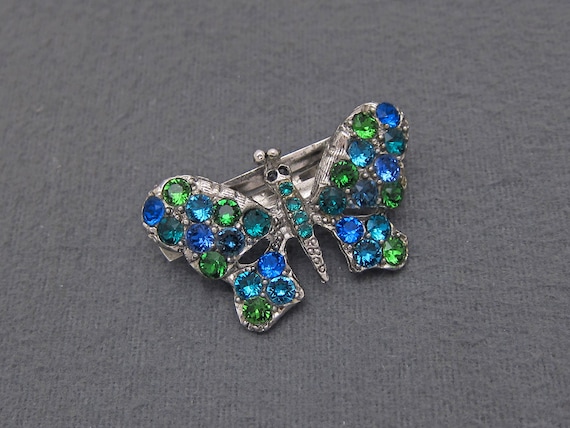 Blue & Clear Rhinestone Butterfly Barrette Silver Toned Metal Hair Clip Vintage Vintage Hair Barrette Butterfly Blue and Smokey Rhinestone  main image 3