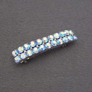 1980&#39;s vintage iridescent hair clip, 2.6&quot; silver-tone metal barrette w/ double-row Swarovski LIGHT SAPPHIRE AB rhinestones, made in France