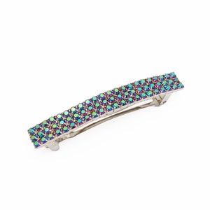 1980&#39;s vintage iridescent hair clip, 2.8&quot; silver-tone metal barrette w/ Swarovski crystal SCARABAEUS GREEN rhinestones, made in FRANCE