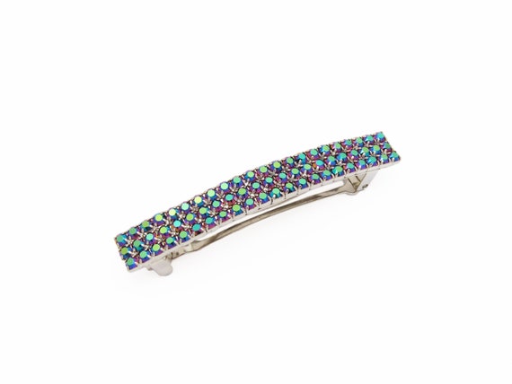 1980's vintage iridescent hair clip, 2.8" silver-… - image 1