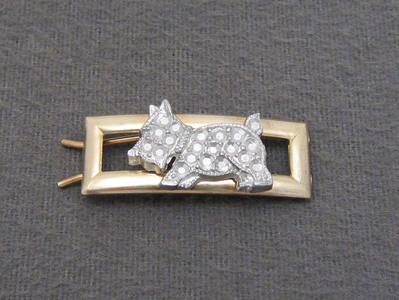 dog barrette wire clasp SMALL 1950/'s vintage hair clip 1.5 gold-tone brass barrette w silver Scottie dog accent