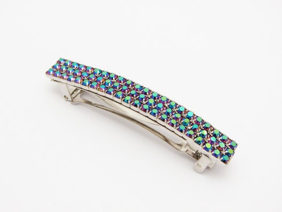 1980's vintage iridescent hair clip, 2.8" silver-… - image 4
