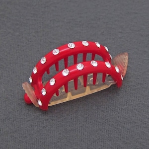 1950's TIP-TOP vintage ponytail holder barrette, red plastic cutout hair clip w/ crystal rhinestones, rubber clasp