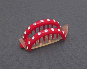 1950's TIP-TOP vintage ponytail holder barrette, red plastic cutout hair clip w/ crystal rhinestones, rubber clasp