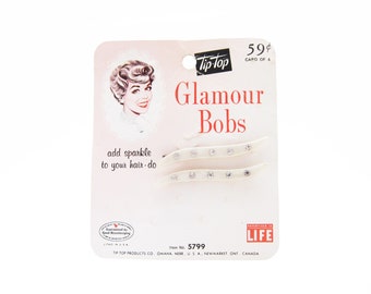 1950's TIP-TOP vintage bobby pin PAIR, 2.4" pearl white plastic hair pins, skinny wave w/ crystal rhinestones, new-old-stock