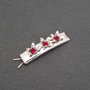 1960&#39;s vintage FLORAL hair clip, 1.9&quot; silver tone metal barrette w/ RED RHINESTONE flowers, pinch-wire clasp