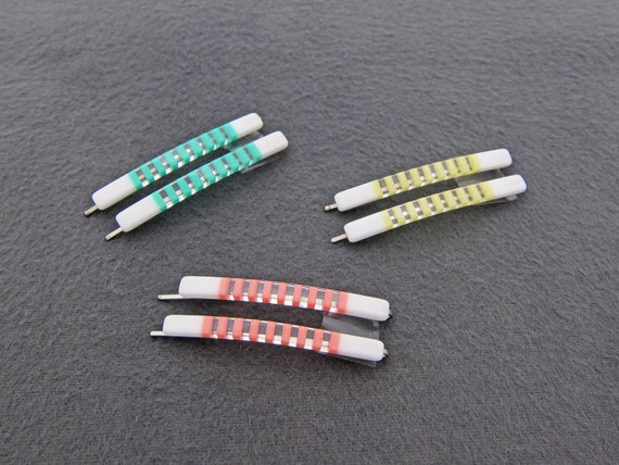 1980's vintage bobby pins, 2.4" green/yellow/pink