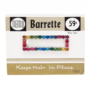 1950&#39;s NEMO vintage RAINBOW crystal hair clip, 2&quot; silver-tone metal multicolor RHINESTONE barrette, new-old-stock, pinch wire clasp