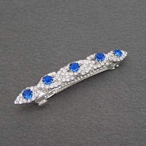 1990&#39;s vintage rhinestone hair clip, lightweight 3.2&quot; silver tone fancy barrette w/ deep royal blue & crystal rhinestones, new-old-stock