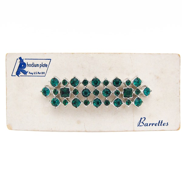 1960's vintage FANCY hair clip, 2.1" silver-tone metal barrette w/ EMERALD green rhinestones, RHODIUM plated, new-old-stock, C-clasp