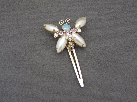 1960's vintage faux PEARL hair clip, 2.1" gold to… - image 3